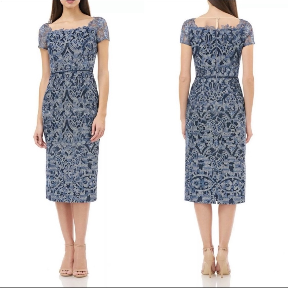 JS Collections Navy Blue Illusion Embroidered Sheath Midi Dress Size 2 US